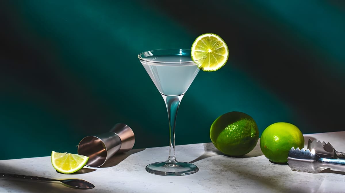 A gimlet cocktail with a lime against a green background