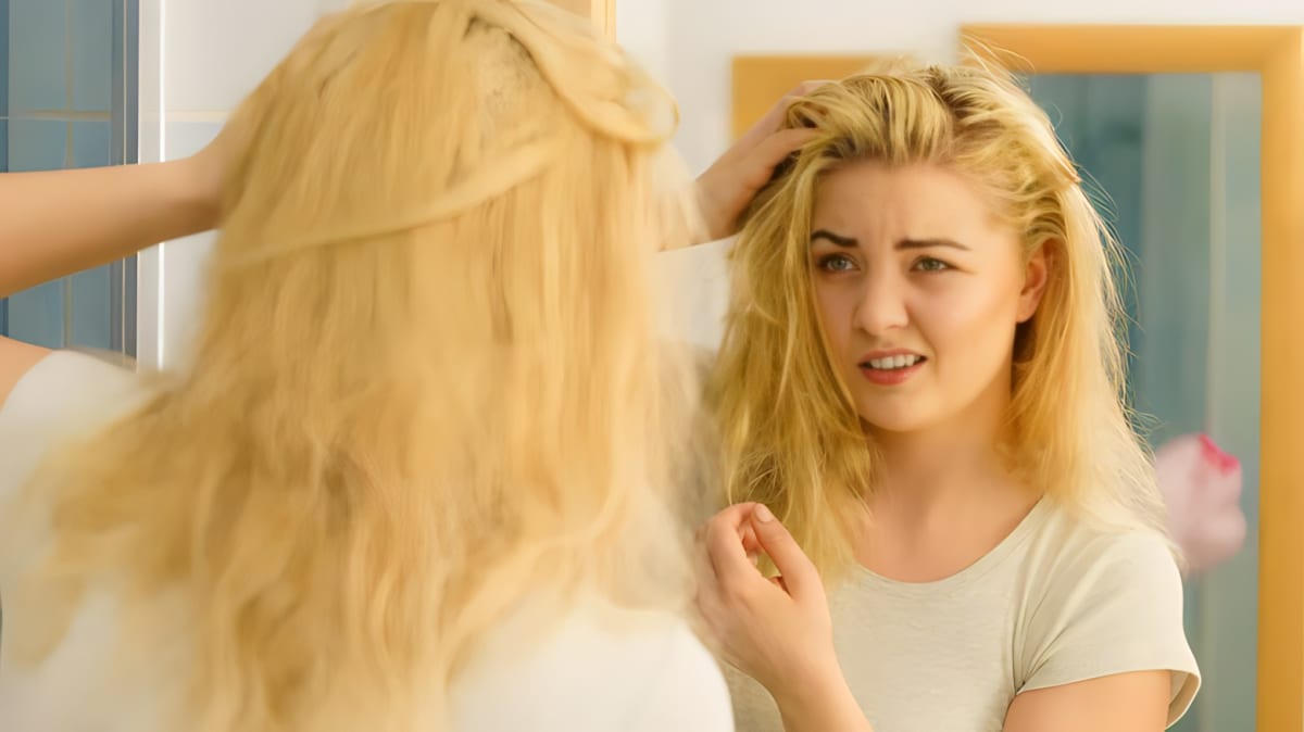 A woman running her hands through her blonde hair with a perplexed look on her face