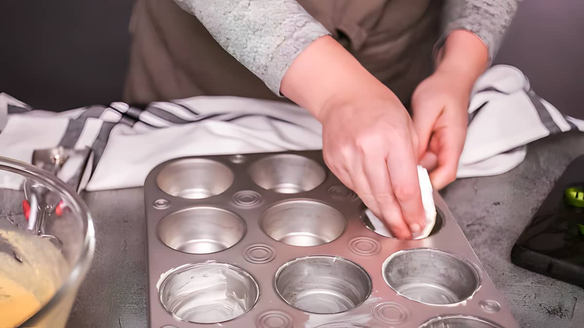 Hand greasing a muffin pan