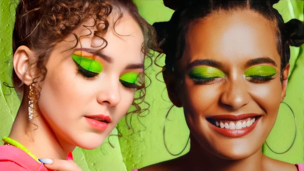 A woman with bright green eyeshadow