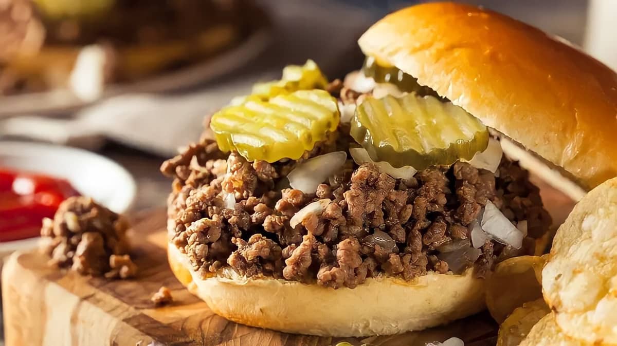 loose meat sandwich with pickles and onions