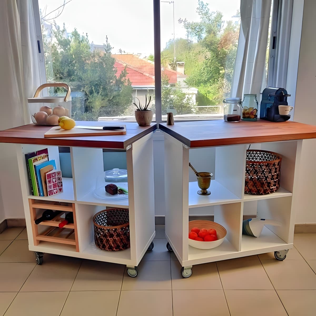 A pair of Ikea Kallax units on wheels with countertops