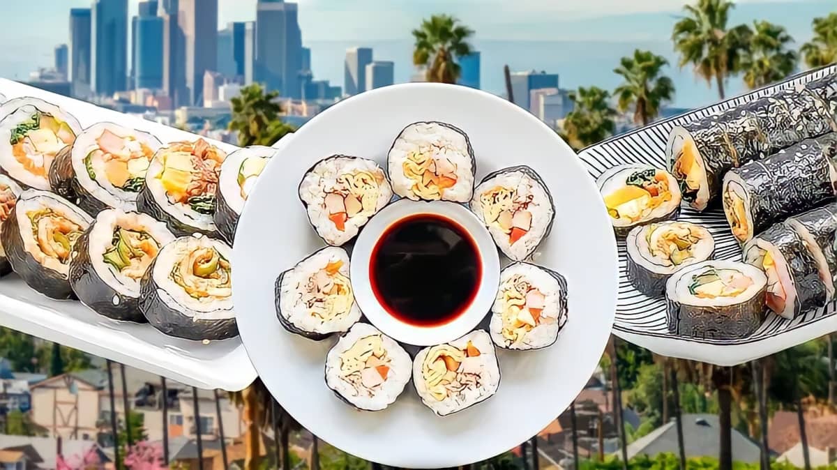 Plates of kimbap with Los Angeles skyline in the background
