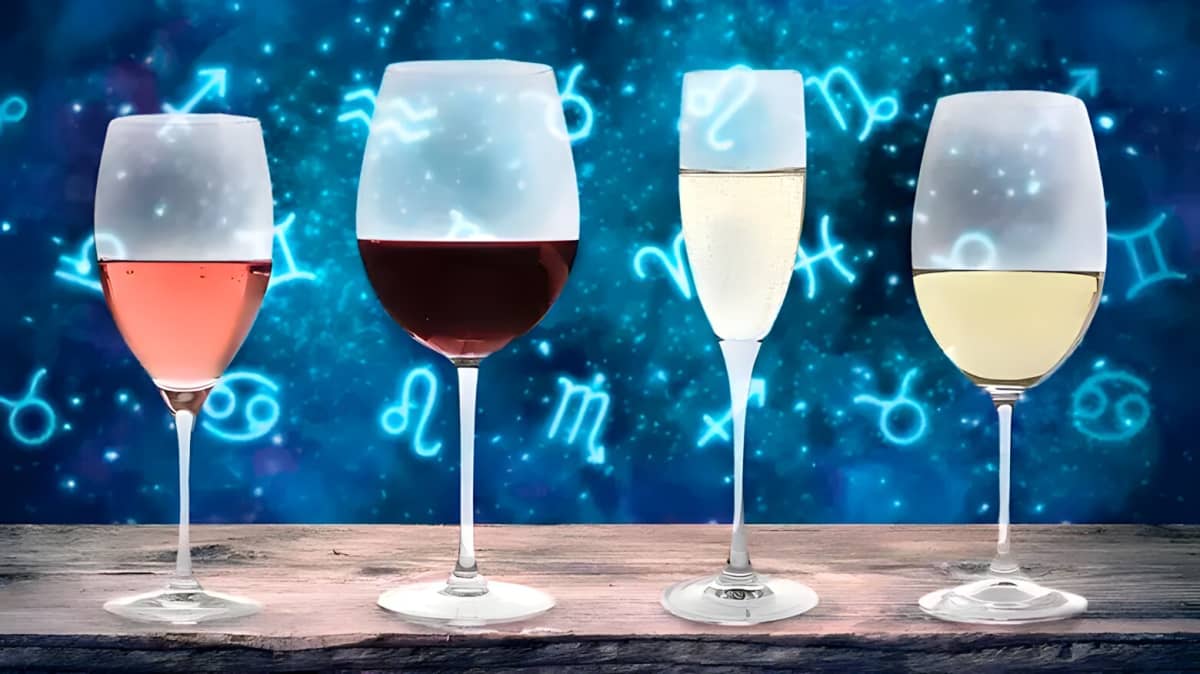 Various glasses of wine and zodiac signs 