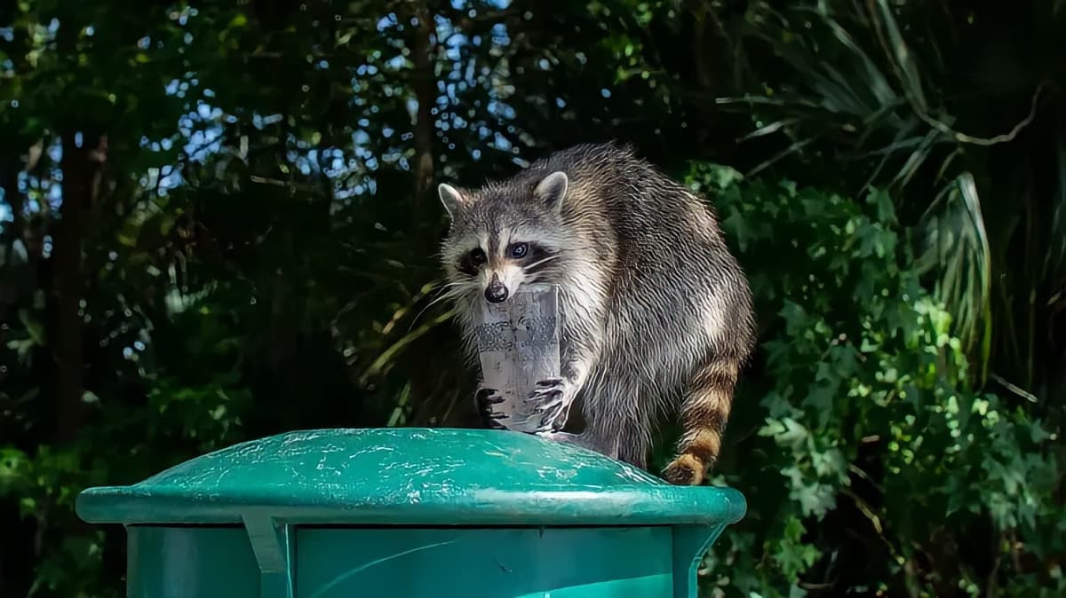 Raccoon on trash can holding a cup