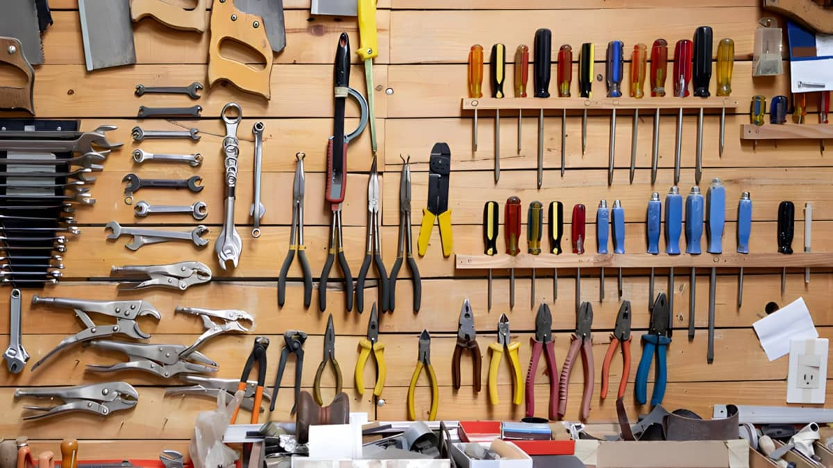 A wall of hanging tools
