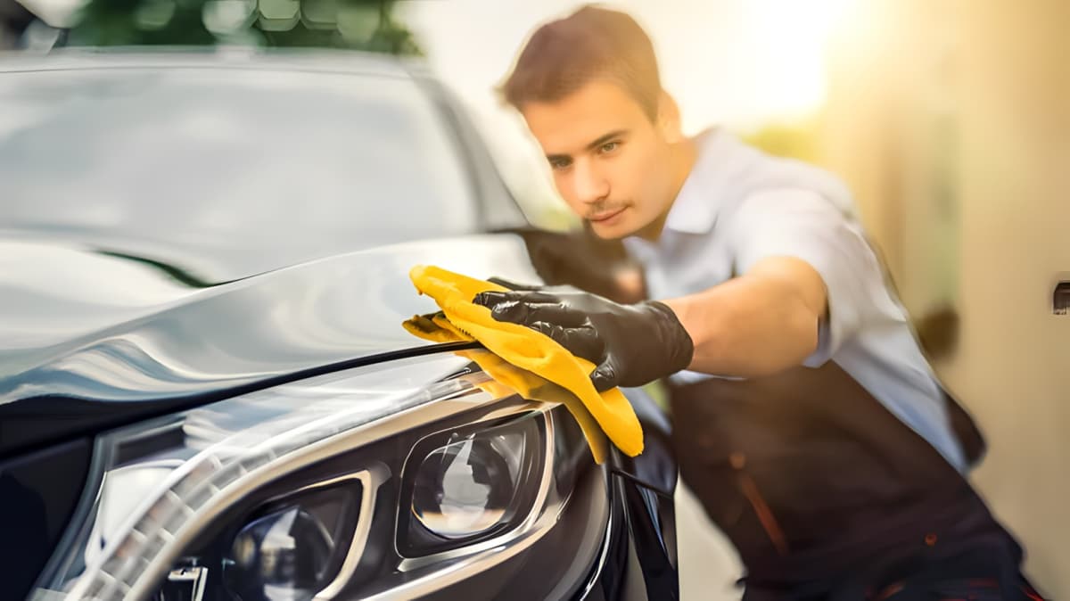 Man cleaning a car headlight