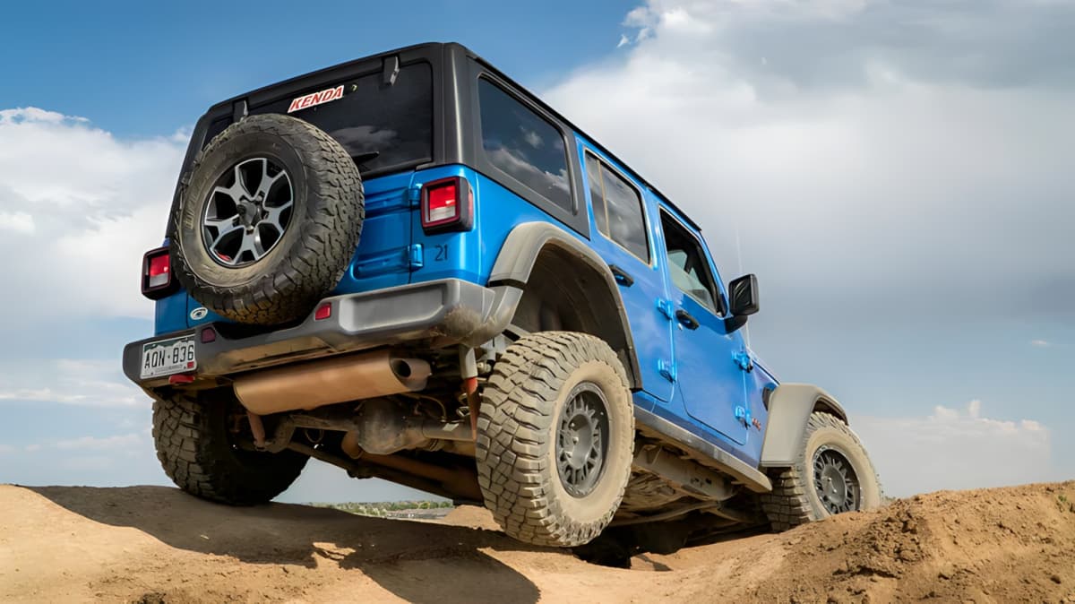 Back of blue Jeep Wrangler