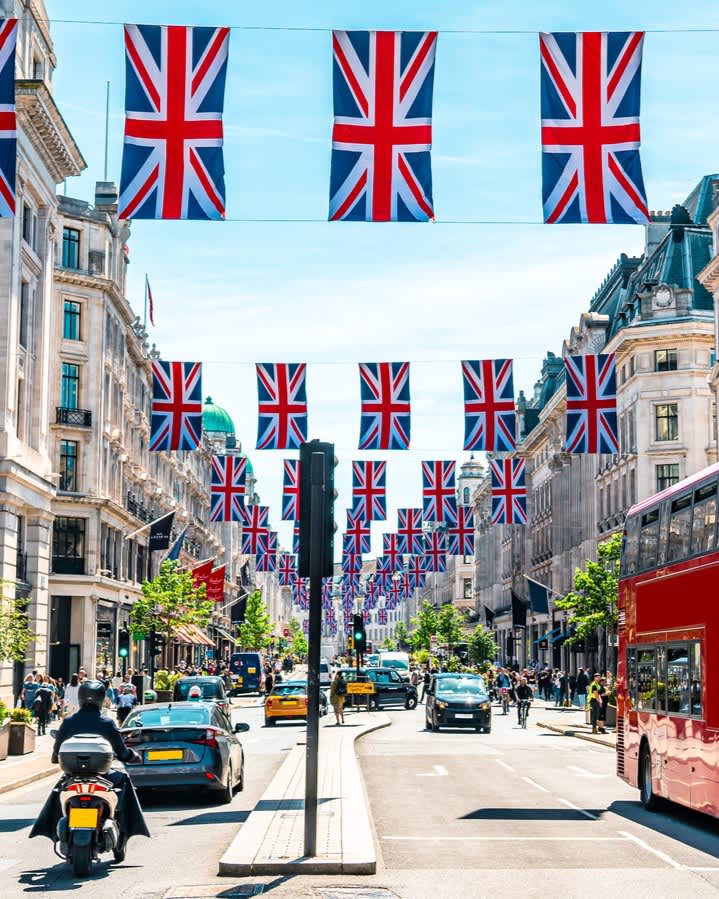Oxford Street, London decorated with UK flags